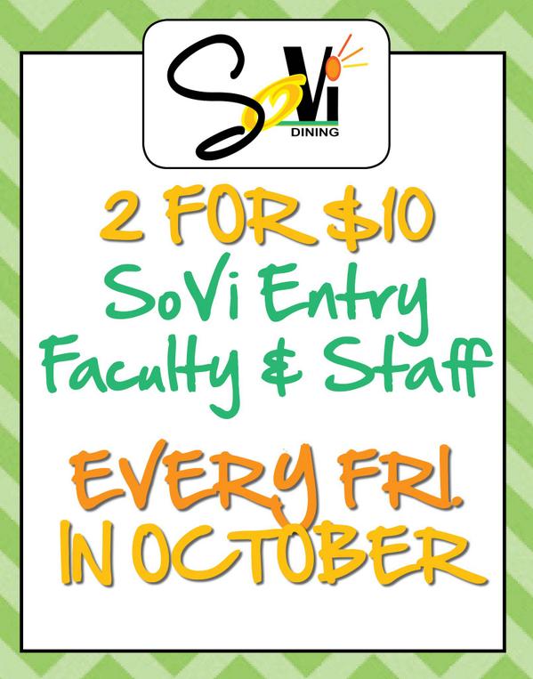 EagleIDCard's tweet photo. #FGCU Faculty &amp; Staff members: 2 for $10 entry @ SoVi every Friday of #October thanks to @FGCUDining !! http://t.co/UO3fou9dcS