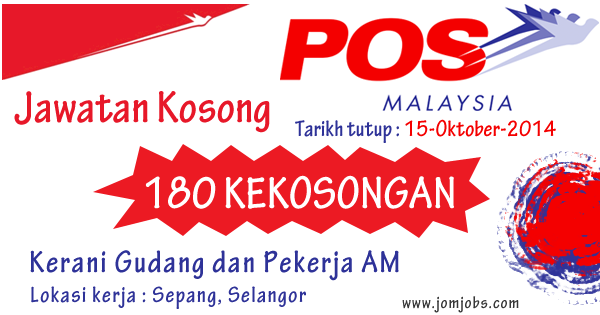 SelangorJobs's tweet photo. 100 lebih kekosongan jawatan POS MALAYSIA November 2014. Jawatan Kerani Gudang, Pekerja AM.
http://t.co/TBd9YqMVwe http://t.co/cw0M5Bzn38