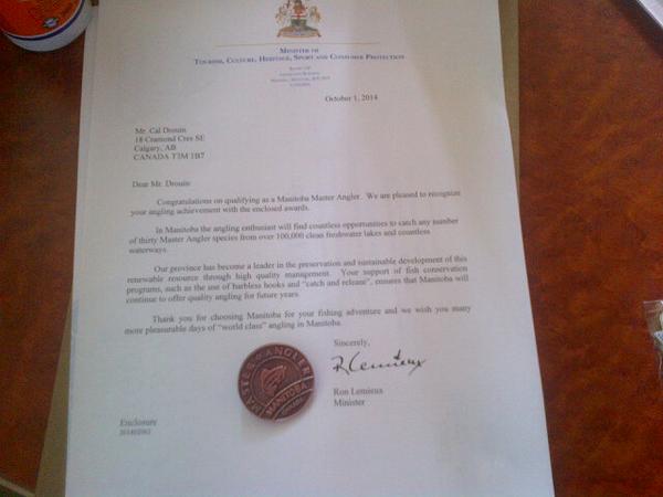 CalDrouin's tweet photo. Wow, letter from the Manitoba minister of fish... I bet not just any Master Angler gets that #kindofabigdeal http://t.co/DS0ukf3WW3
