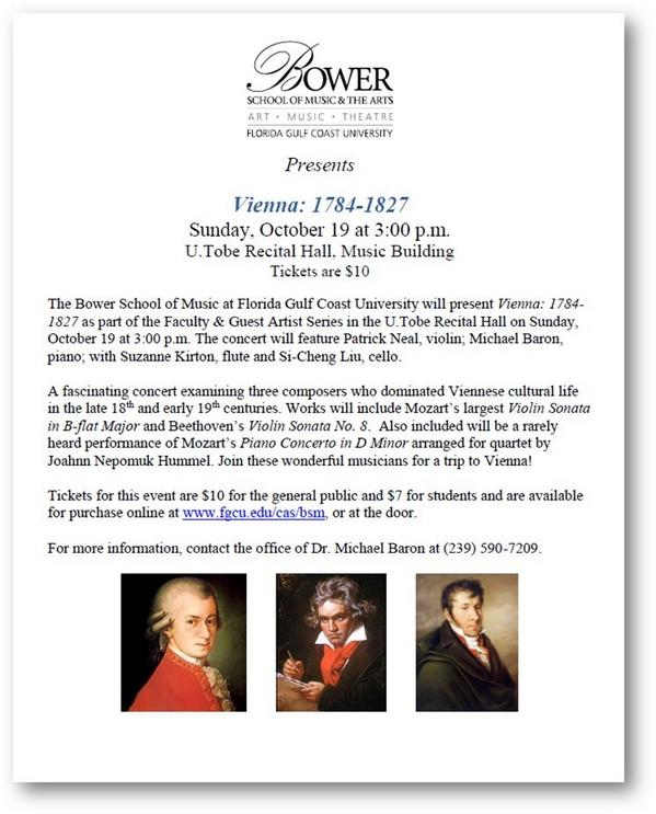 Join <a href="/FGCUMusic/">Bower Music</a> faculty for a musical trip to “Vienna – 1784-1827” this Sunday. Tickets: fgcu.edu/CAS/BSM/concer…