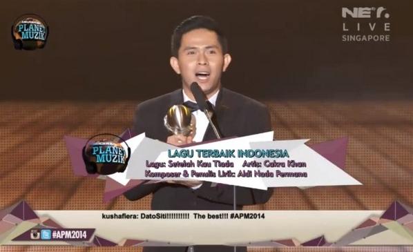 mdtvindonesia's tweet photo. Pemenang "Lagu Terbaik (Indonesia)" @CakraKhanz - Setelah kau Tiada #APM2014onNET http://t.co/nJa2h9qZlG