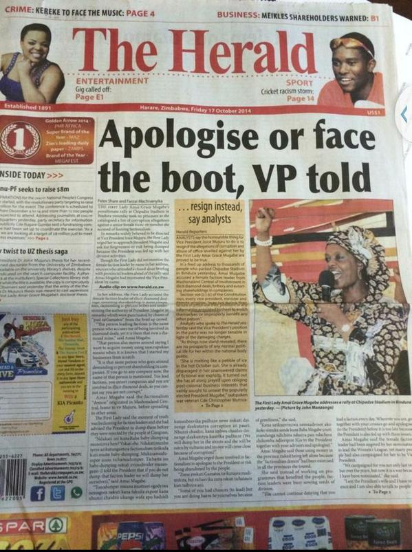 savibes's tweet photo. Wife of Zimbabwe President Mugabe threatens to sack Vice President Mujuru if she does not apologise http://t.co/IdTYs26go3