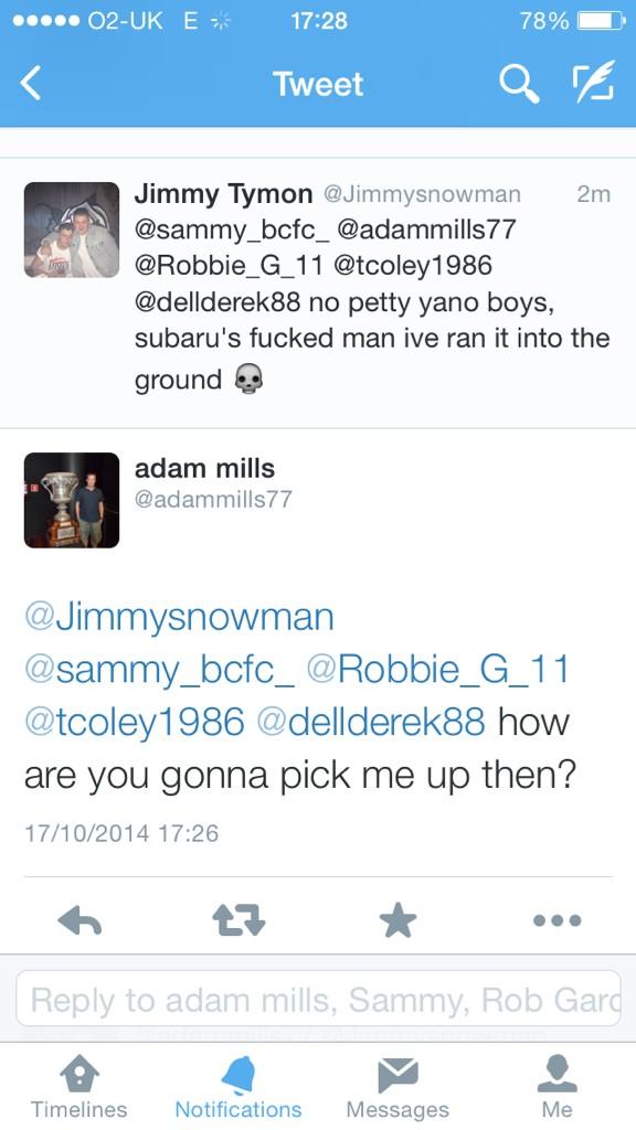 Jimmysnowman's tweet photo. @sammy_bcfc_ @Robbie_G_11 @adammills77 @tcoley1986 @dellderek88 mills is worrying lads 😂😂😂 http://t.co/RvxPKUQXTi