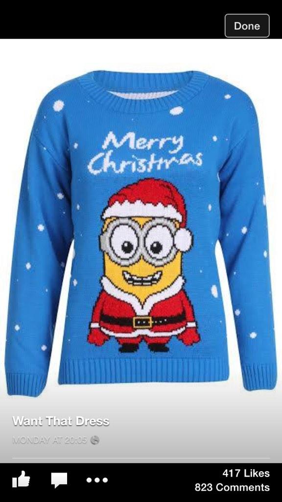 ClareChequer's tweet photo. Now this is a Christmas jumper with my name on it 😏 #MinionObsessed http://t.co/vcsZ4J3v0u