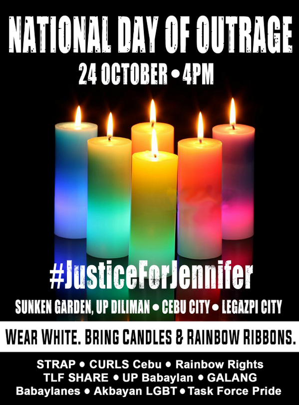 mmprideorg's tweet photo. And to honor the life of Jennifer&all victims&survivors of gender-based violence&discrimination, join: #SafeSpacePH http://t.co/u19KgerT1w