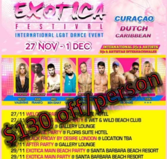 GayTrips4U's tweet photo. #TravelDeal #LGBTTravel Book by Nov 15 #Save $130/person on @ExoticaFestival #TravelPckg
@florissuite @CuracaoTravel http://t.co/k1hGbBCITs