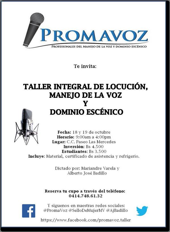 PROMAVOZ's tweet photo. Todavía tienes oportunidad de asistir a nuestro Taller Integral de Locución y Dominio Escénico. ¡Quedan pocos cupos! http://t.co/ghmPU7s56I