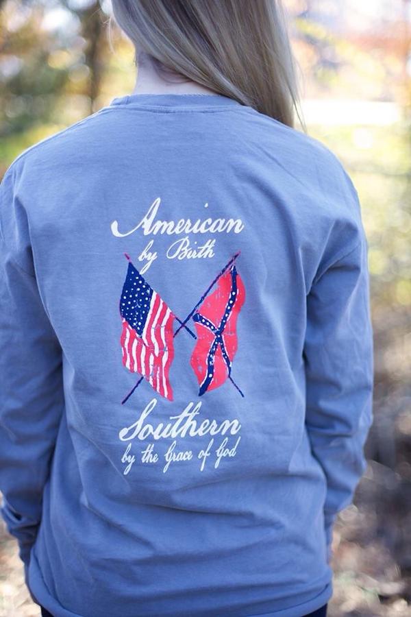 _Jordan_Michel_'s tweet photo. Our "American by Birth, Southern by the Grace of God" long sleeve is back in stock! Use promo code JordanBrown! #KMSS http://t.co/FqUH7qBHXp