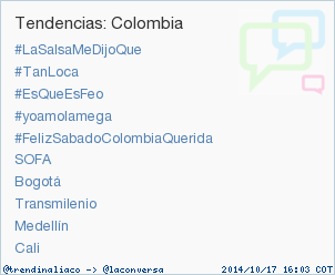 trendinaliaCO's tweet photo. #FelizSabadoColombiaQuerida acaba de convertirse en TT ocupando la 5ª posición en Colombia #trndnl http://t.co/ua552hu9TM