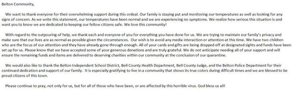 beltontexasgov's tweet photo. The Belton family in self-isolation because of exposure to Ebola patient Amber Vinson has asked us to share this. http://t.co/km4o9HbtAi
