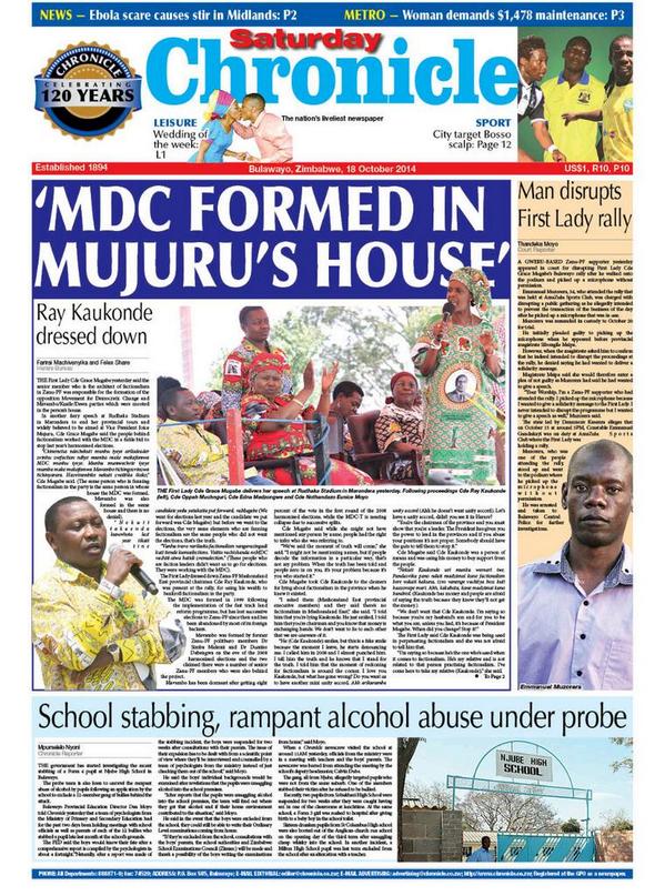 Mathuthu's tweet photo. #FrontPages Saturday Chronicle 'MDC formed at Mujuru's house' http://t.co/5rc1L6JNqb