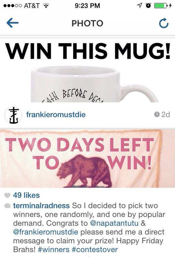 Congratulations @FrankIero on winning a rad mug to drink your cawfees in 😜 #fanswithaplan