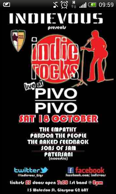Indievous_Gigs's tweet photo. @ravechildGLA  TONIGHT @PivoGlasgow  THE EMPATHY + SONS OF SAM + THE NAKED FEEDBACK + PARDON THE PEOPLE + PATERSANI http://t.co/2oKPTVfd6A