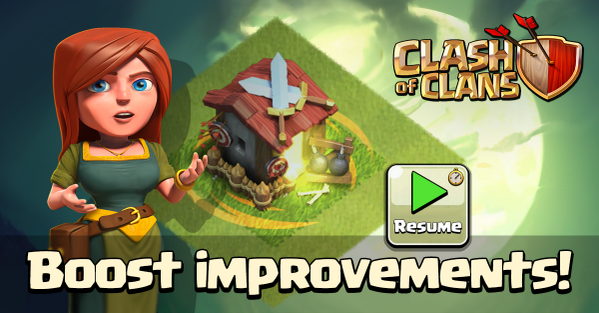 ClashofClans's tweet photo. Coming soon: army buildings will automatically pause during maintenance! :D Remember to “Resume” when you go online! http://t.co/nNgAbNlYsB