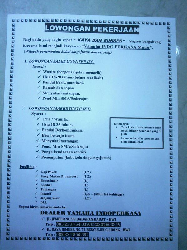 Indoperkasa Bwi V Twitter Lowongan Kerja Banyuwangi Dibutuhkan Karyawan Cepat Di Dealer Yamaha Indoperkasa Motor Kabat Http T Co Qzbu1na19d