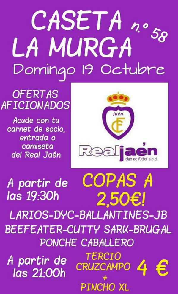 casetacarnavalj's tweet photo. Oferta mañana domingo para socios y simpatizantes del Real Jaén!! @RealJaenCF @La2A_noticias Caseta 58! La Murga! RT! http://t.co/jxJBW7Alxz