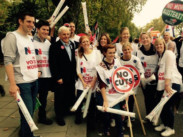 theRCN's tweet photo. Peter Carter with RCN members getting ready to march for fair pay. Keep sharing your pics! #whatif #18Oct http://t.co/mfepnrkAAw