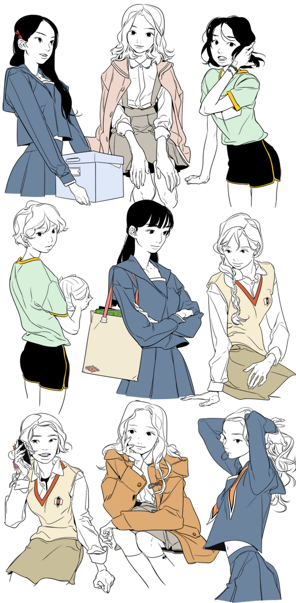 트친님들 여고생화 했던 그림. 저 분들 중 네 분을 실제로 뵀었는데 이미지가 비슷하셔서 재밌었다 