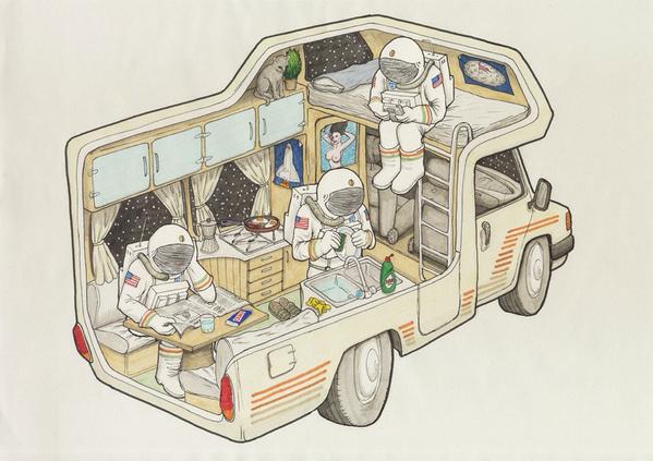 "tres astronautas e. una autocaravana" se puede ver en el Espacio Labruc en Malasaña. un saludo.