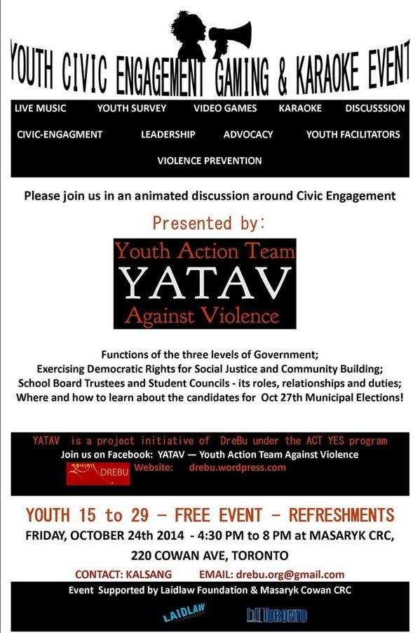DreBuMedia's tweet photo. #YATAV youth civic engagement event for violence prevention on OCT 24th in #Parkdale @gordperks @FranzThomas #ActYes http://t.co/NLVqpmhMv9