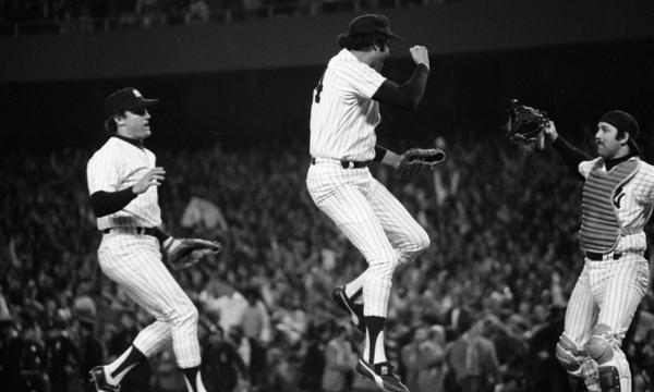 Oct. 18, 1977: Graig Nettles, Mike Torrez and Thurman Munson celebrate the Yanks' first world championship since ’62.