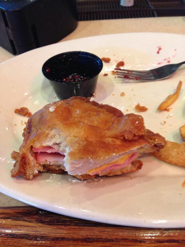 RyanSkor's tweet photo. Bennigan's Monte Cristo just blew my mind. Deep fried with powdered sugar. Bismarck, let's get this on the menu. http://t.co/bwsJ3M0hvg