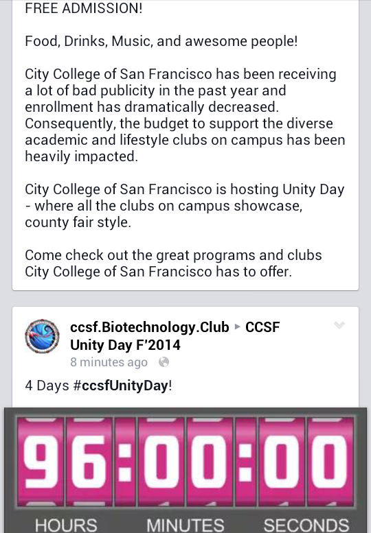 ccsfBiotechClub's tweet photo. 4 Days! #ccsfUnityDay
FREE ADMISSION! 22 OCT 2014, 10am-2pm, 50 Phelan Ave.
#ccsf #rave #music #festival #food #fun http://t.co/dBEZrJ5U3n