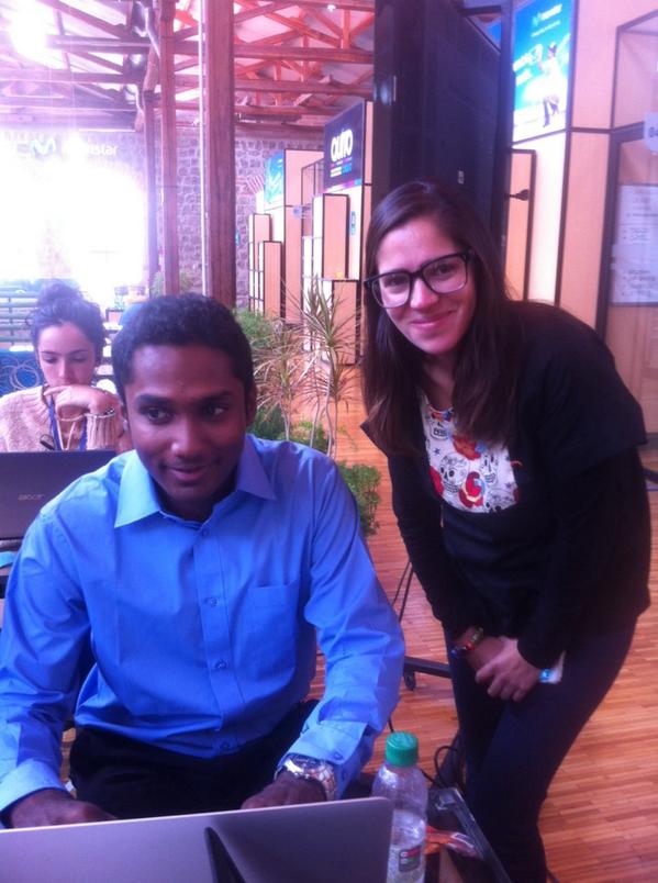 ShapersQuito's tweet photo. Gaby from Dominga entrepreneurship wears a hand embroidered shirt of Andean women and #globalshaper Varun joins her http://t.co/ATlEnPk5Nk