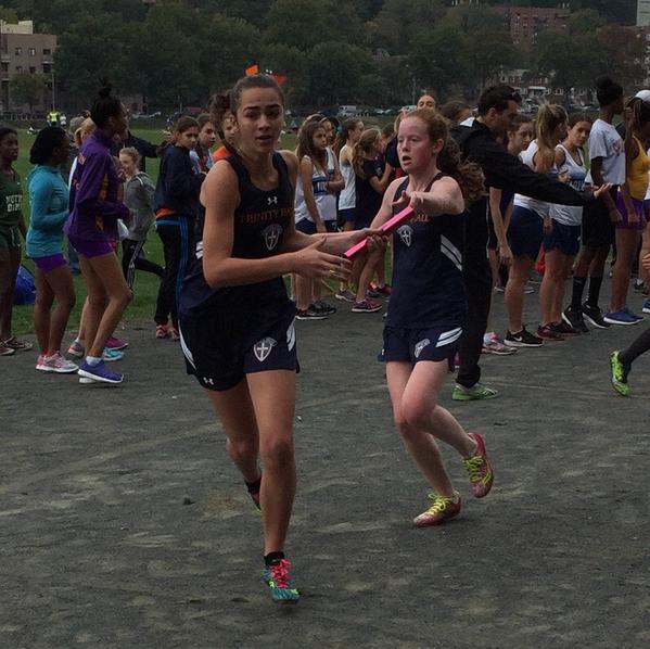 CoachCrowleyXC's tweet photo. Maeve to Bridget on the way to win! #TrinityHallXC #FirstFrosh http://t.co/Xss9PLoimw