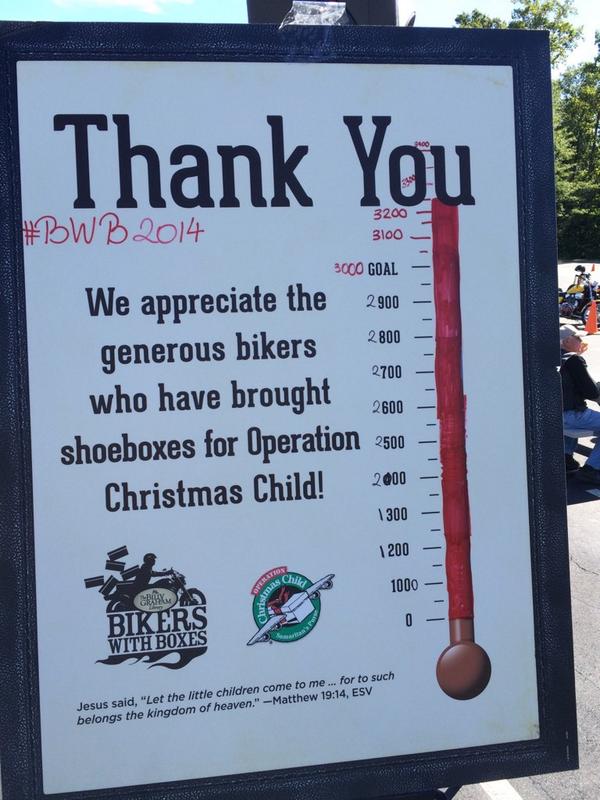 TheBGLibrary's tweet photo. Generous bikers have brought over 3400 @OCC_shoeboxes! Thanks to all the #bigheartedbikers! #BWB2014 http://t.co/zYDZmgQM6g