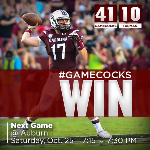 GamecocksOnline's tweet photo. #GAMECOCKS WIN! Carolina defeats Furman, 41-10 http://t.co/eauYJcVAx4