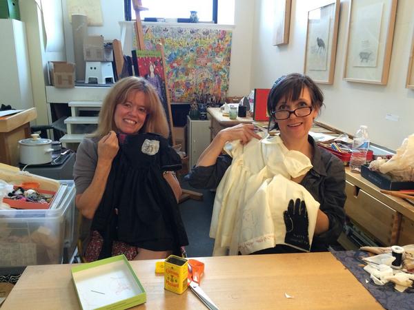 RachelKerwin's tweet photo. Kathy Beynette and @CarolineMcCatty making dresses full of imaginary friends for #textsubtext @TorpedoFactory http://t.co/9B0pFNiMdJ