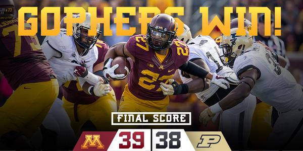 GopherSports's tweet photo. .@GopherFootball gets the W over Purdue to go 6-1 on the season and 3-0 in B1G play! #SkiUMah http://t.co/OX7zGNr1bd
