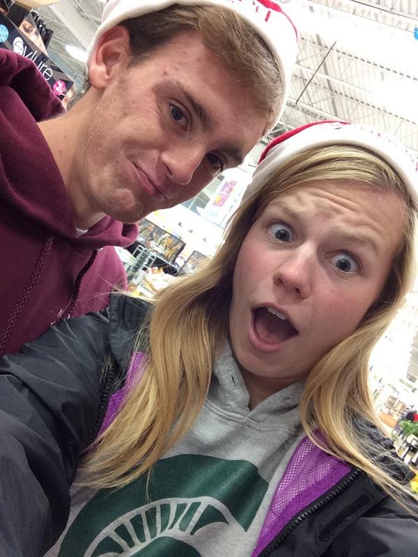 MadelineAndrew2's tweet photo. Exactly 3 years later me and Tj listened to Christmas music and tried on Santa hats at Meijer 😂🎅🎄 #ChristmasFreaks http://t.co/TcIXuxINju