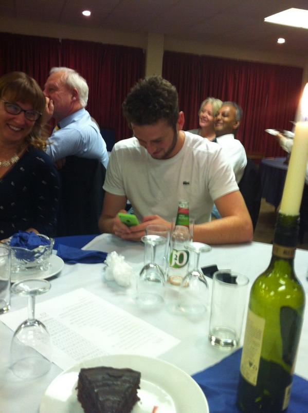 JoshMarkham2's tweet photo. @OGoddard Texting the mrs ahead of his bowling award http://t.co/vnSpDyVNrp