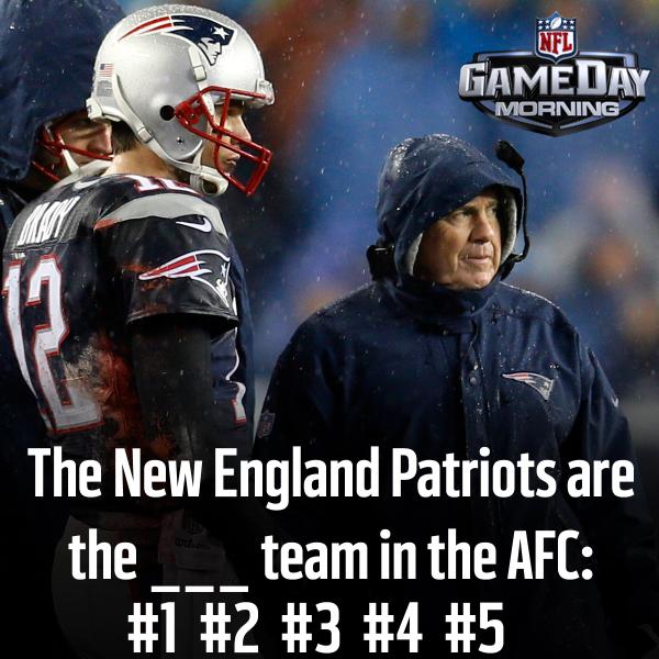 nflnetwork's tweet photo. The Patriots are the ____ team in the AFC: #1 #2 #3 #4 or #5?

Vote NOW.
Results TOMORROW... on GDM (9am ET)! http://t.co/lzn5Bbgr5s