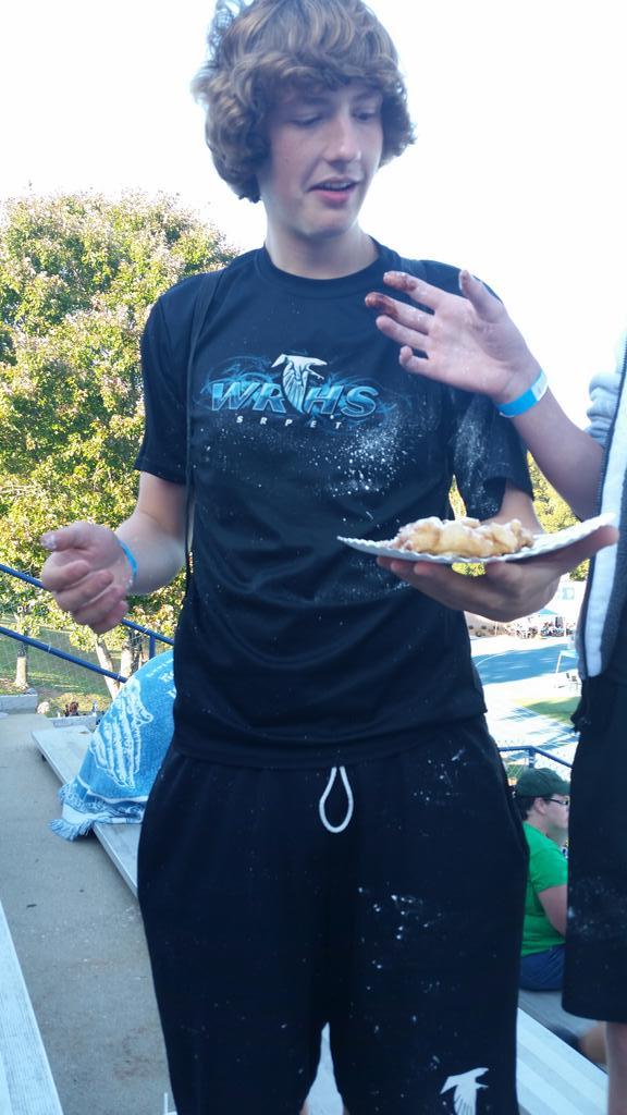 WR_marchingband's tweet photo. The powdered sugar attacked Mitchell! http://t.co/PA33f6JW0O