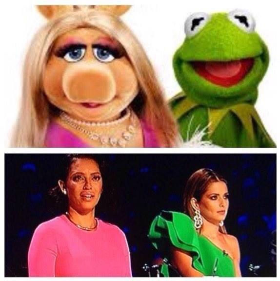 oli_semp's tweet photo. @CherylOfficial @OfficialMelB the perfect look! @SimonCowell  #cherylkermit #XFactor80sWeek http://t.co/y7b7P6Qyq7