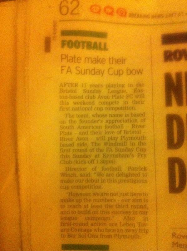 GreenbankEaston's tweet photo. Good luck to Bristol side @AvonPlateFC in @FASunday_Cup tmrw - &amp; great local coverage in Evening Post! #pints4winners http://t.co/n5KkAvoFPZ