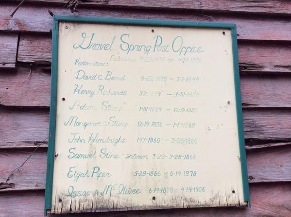 Marilyn_Res's tweet photo. A sign lists all the postmasters in Gravel Spring, Virginia from 1838-1906. #VAroadtrip http://t.co/2ZyCOOK4Ik