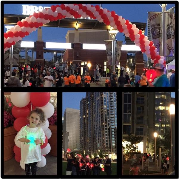 WeddingRowCharl's tweet photo. We #LightTheNight for @NCChapterLLS tonight in #CLT @ @KnightsBaseball! #TeamMomMoms #LTN2014 #LTNCLT #LTNNC http://t.co/B1SuM9JtTt