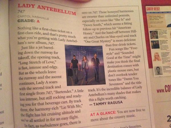 LAntebellumFan's tweet image. Although I give it an A++++++++++++, @ladyantebellum's album review in @countryweekly gets an A :)