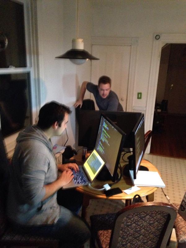 caroline_louie's tweet photo. All setup with @flip5aw @BrianBest ! It's going to be a late night #marcatohackathon @UITstartup http://t.co/F7G1P7RM6e