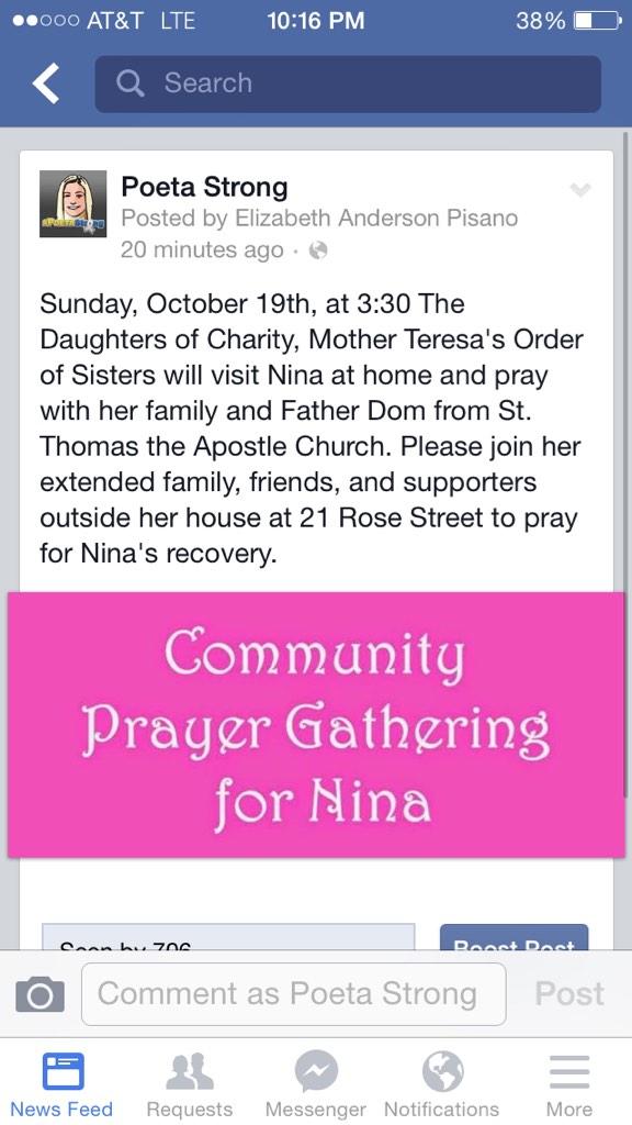 PoetaStrong's tweet photo. Please come support at the prayer Gathering tomorrow for Nina &amp; The Poeta Family #NinaStrong #PoetaStrong http://t.co/WQ66gY88S0