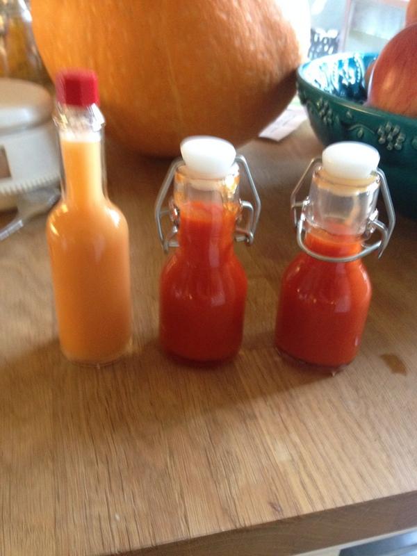 Helgens såsxperiment: en Bhut Jolokia Peach och två Trinidad Moruga Scorpion. Koncentrerade, superheta och  goda!