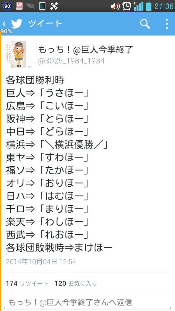 この垢は15年２月末で使用終了 各球団勝利時 巨人 うさほー 広島 こいほー 阪神 とらほー 中日 どらほー 横浜 横浜優勝 東ヤ すわほー 福ソ たかほー オリ おりほー 日ハ はむほー 千ロ まりほー