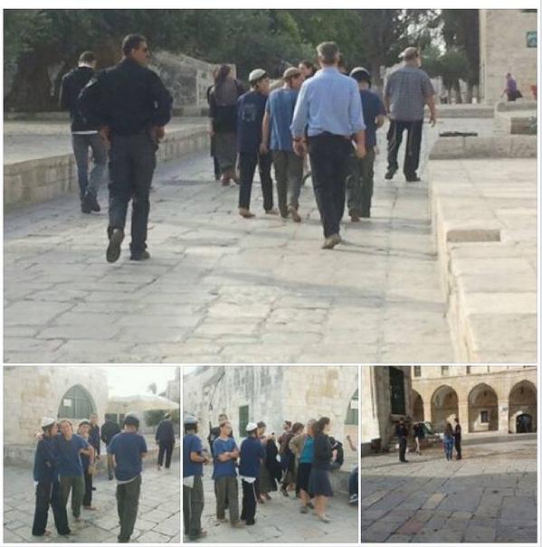 DotQuds's tweet photo. BREAKING: group of settlers guarded by Israeli police force broke into #Alaqsa #AlAqsaUnderAttack http://t.co/yhL2LbZyaK