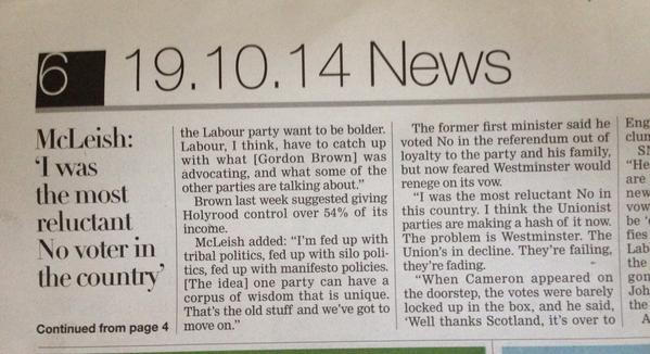 klockedthis's tweet image. McLiesh 1 "I'm fed up with tribal politics"
McLeish 2 "voted no out of loyalty to the party" #headexplodes