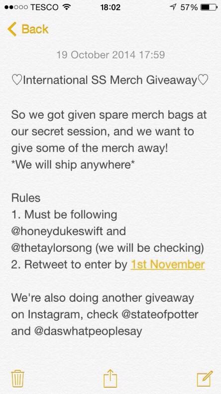 thetaylorsong's tweet photo. International Giveaway! RT to enter, closes 1st Novermber✨ (must be following @honeydukeswift and @thetaylorsong) http://t.co/5cyrjyjmuB