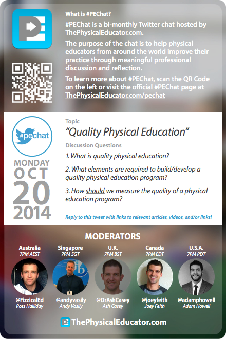 PEChatSummary's tweet photo. The topic for Monday’s (20/10) #PEChat will be “Quality Physical Education”. (Please RT) #physed http://t.co/i1KZHmv3sl